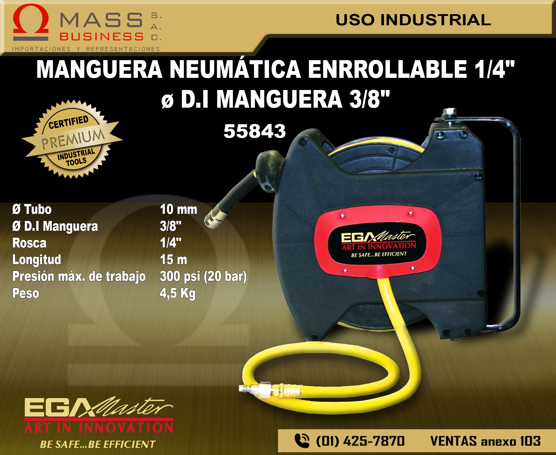 Manguera Neumatica Enrollable 1/4 Pulgdiametro Od Manguera 3/8 Pulgadas  Longitud 15 M Ref. Ega